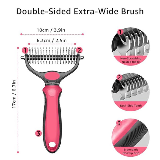 YINGFAN Pet Grooming Combo, Double-Sided Dematting Deshedding Undercoat Rake for Dogs and Cats, Dog Brush with Metal Comb for Detangling (Pink)