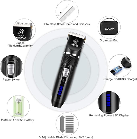 Dog Clippers Grooming Kit and Paw Trimmer,Cordless,Low Noise, Electric Quiet,Rechargeable, Dog Trimmer Grooming, Pet Hair Clippers for Thick Coats,Shaver for Small and Large Dogs Cats(Black)