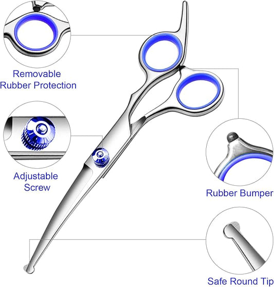 Professional Dog Grooming Scissors Kit, Titanium Coated Dog Scissors for Grooming, Grooming Shears Kit - Thinning, Curved Scissors and Comb for Dog Cat Pet (Blue 4 in 1)