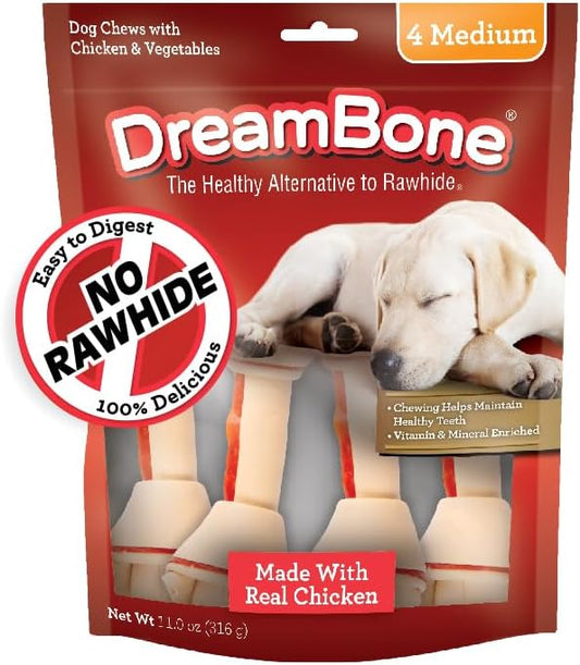 Dreambone Vegetable & Chicken Dog Chews, Rawhide Free, Medium, 4-Count, Medium, 4 Pieces/Pack (DBC-00257) (3 Pack)