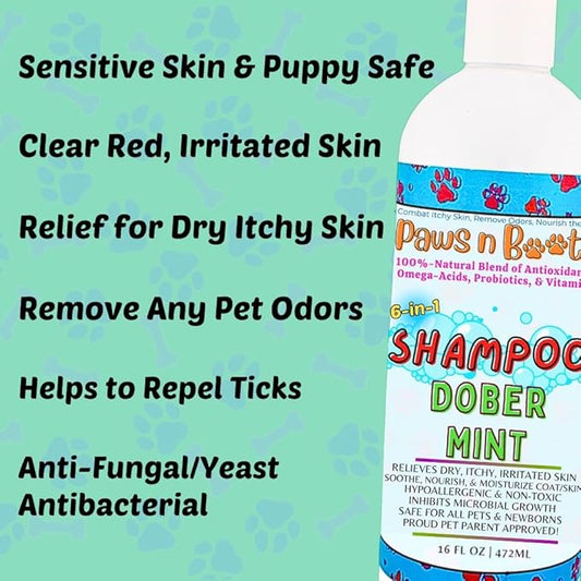 6-in-1 Dog Shampoo - Fast Relief for Allergies, Dry, Itchy, Skin. Premium & Beneficial Ingredients to Repair and Nourish The Skin/Coat. 100% Natural, Organic, Plant-Based, Dober-Mint
