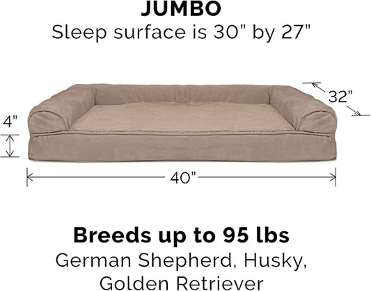 Furhaven Orthopedic Dog Bed for Large Dogs w/ Removable Bolsters & Washable Cover, For Dogs Up to 95 lbs - Plush & Suede Sofa - Almondine, Jumbo/XL