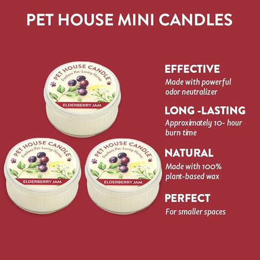 One Fur All Pet House Mini Candles for Pet Odor Made with Natural Soy Wax, Plant Based, Dog and Cat Friendly Scented Candles, Elderberry Jam Pack of 3