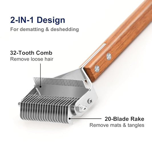 WePet 2-in-1 Dematting Comb & Shedding Brush, Undercoat Rake Grooming Tool with Wooden Handle for Dogs & Cats - Easily Removes Mats, Tangles, and Loose Hair