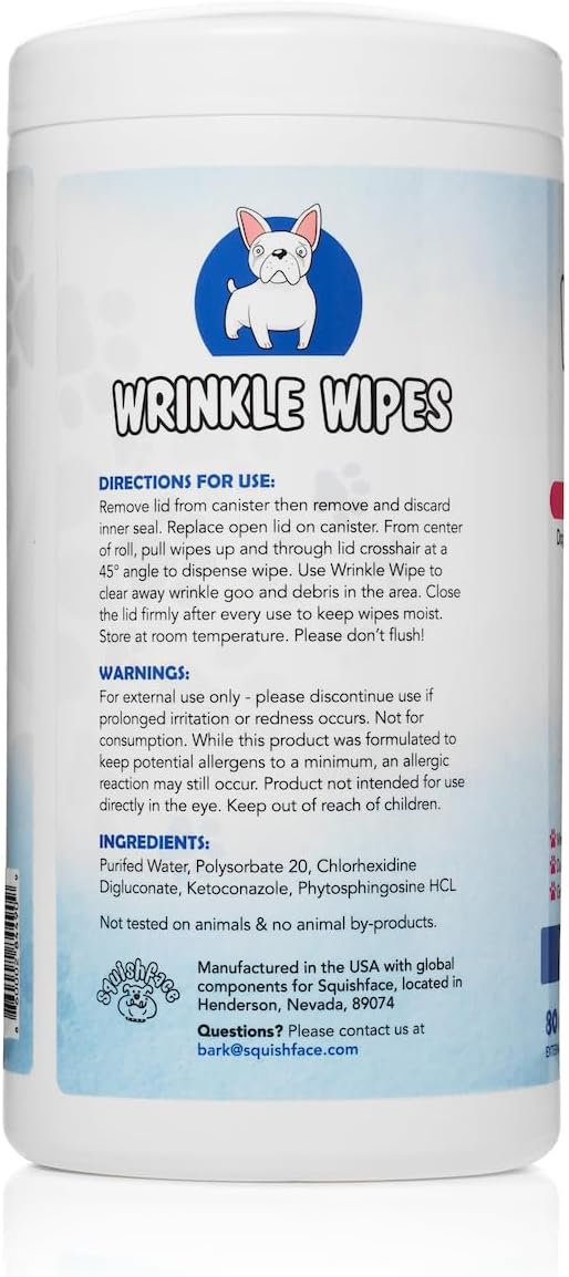 Squishface Wrinkle Wipes – 5”x7” Large Dog Wipes - Deodorizing, Tear Stain Remover – Great for English Bulldog, Pugs, Frenchie, Bulldogs, French Bulldogs & Any Breed! (80 Count)