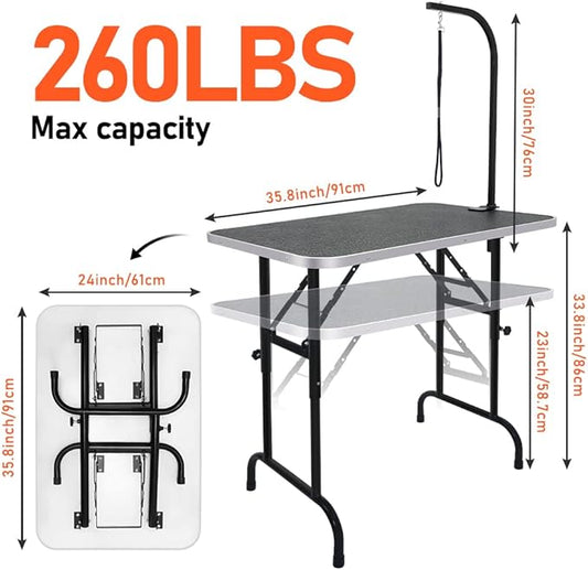 LEIBOU 36-inch Height Adjustable(23''~33.8'') and Foldable Pet Dog Grooming Table with Grooming Arm & Noose for Dog Cat Pet Grooming Maximum Capacity Up to 260lbs