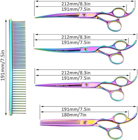 LILYS PET Professional PET DOG Grooming Coated Titanium scissors suit Cutting&Curved&Thinning shears (7.5 inches, Rainbow)…