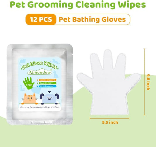 Bathing Wipes Glove for Dogs Cats, 12 PCS Dog Cleaning Glove Wipes with Grooming Fur, Dog Wipes Washing Gloves, Cat Cleaning Grooming Gloves for Daily Care and Traveling