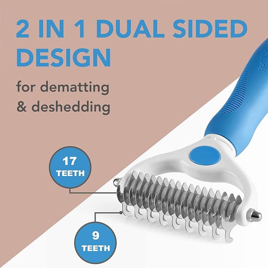 Pet Grooming Brush- Double Sided Dematting and Deshedding Undercoat Rake for Dogs and Cats- Safe Dog Shedding Brush, Blue1