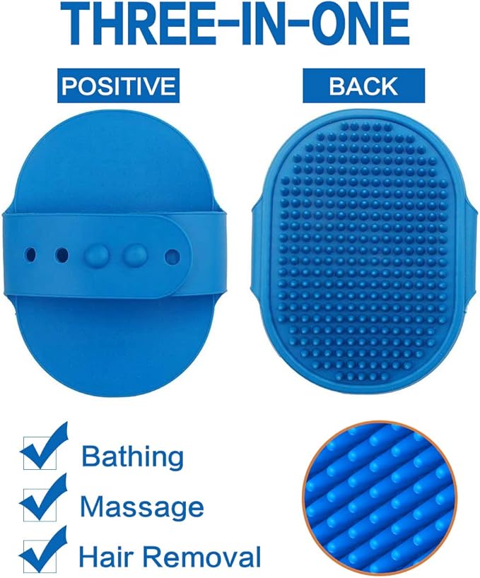 Dog Bath Brush, Aoche Pet Bath Comb Brush Soothing Massage Rubber Comb 2pcs with Adjustable Ring Handle for Long Short Haired Dogs and Cats (blue+rose)