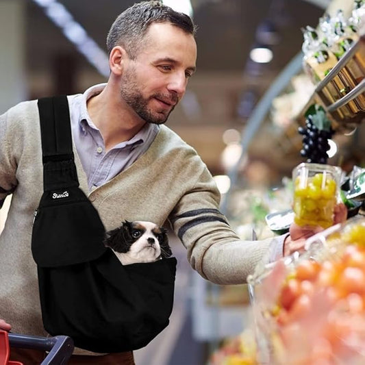 Lukovee Pet Sling, Hand Free Dog Sling Carrier Adjustable Padded Strap Tote Bag Breathable Cotton Shoulder Bag Front Pocket Safety Belt Carrying Small Dog Cat Puppy Machine Washable (BN, L)