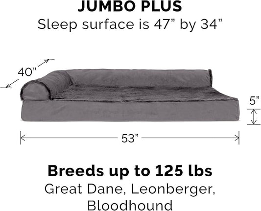 Furhaven Memory Foam Dog Bed for Large Dogs w/ Removable Bolsters & Washable Cover, For Dogs Up to 125 lbs - Plush & Velvet L Shaped Chaise - Platinum Gray, Jumbo Plus/XXL