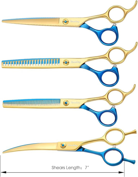 Dog Cat Scissors for Grooming, Pet Shears for Thick Coats and Matted Hair, Thinner Curved Straight Chunker Stainless Steel Shears Blue