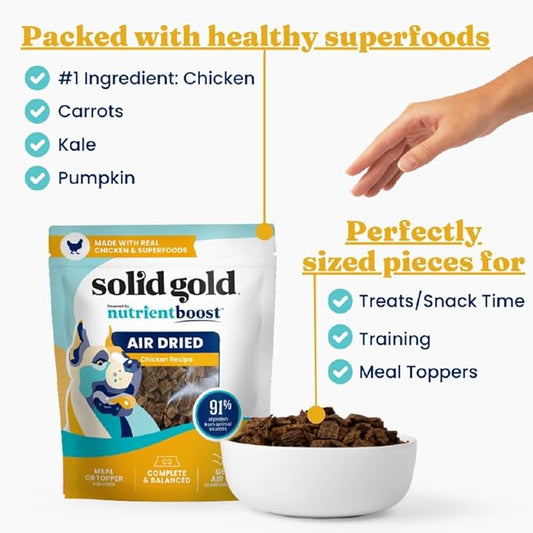 Solid Gold Air Dried Dog Food Toppers for Picky Eaters - Healthy Dog Treats Made with Real Chicken to Serve as Meal Topper or Dog Treat - Supports Muscle Growth, Immunity, and Healthy Digestion - 4 oz