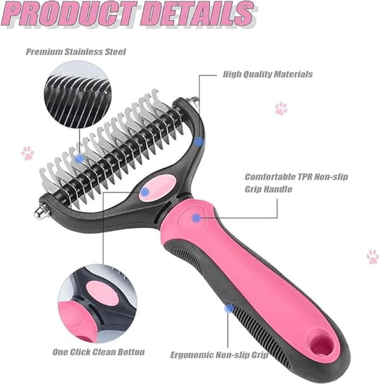 Grooming Tool for Dogs & Cats Brush - Double Sided Undercoat Rake for Dogs & Cats, Grooming Brush with Easy Clean Retractable Bristles - Cat and Dog Grooming Tool (Rose Red)