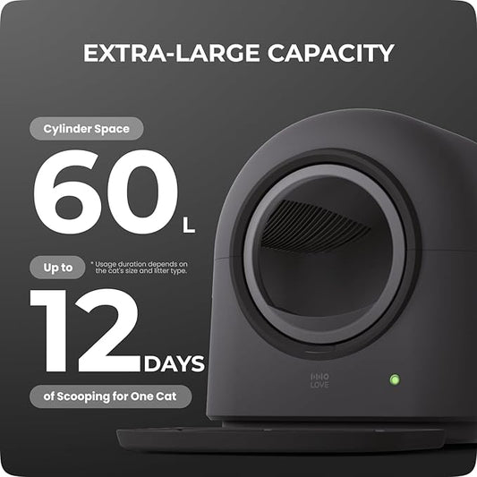 HHOLOVE TYPro Self Cleaning Cat Litter Box Automatic Hands-Free Smart Robot self Cleaning Cat Litter Box for Multiple Cats with APP Control Safe with Litter Mat Waste Bags and Deodorizer Dark Grey