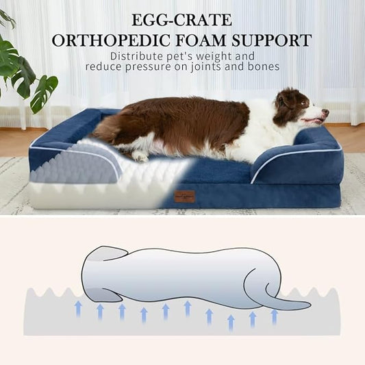 Extra Large Dog Beds, Waterproof Orthopedic Foam Dog Beds, XL Dog Bed with Bolster, Washable Dog Bed Sofa Pet Bed with Removable Cover & Non-Slip Bottom(X-Large,Navy Blue)