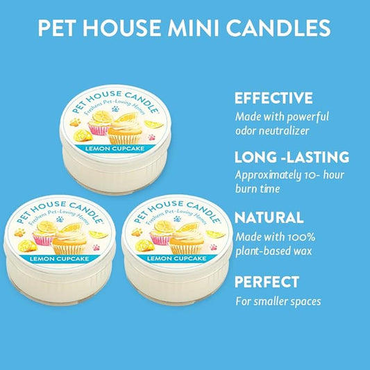 One Fur All Pet House Mini Candles for Pet Odor Made with Natural Soy Wax, Plant Based, Dog and Cat Friendly Scented Candles, Lemon Cupcake Pack of 3