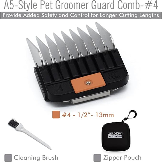 Professional A5 Style Animal Clipper Stainless Steel Color-Coded Snap-on Attachment Guard Guide Comb, 1/8"-1" Compatible with Wahl KM Series Oster A5 Andis Detachable Blade Pet Groomers (#4 - 1/2")