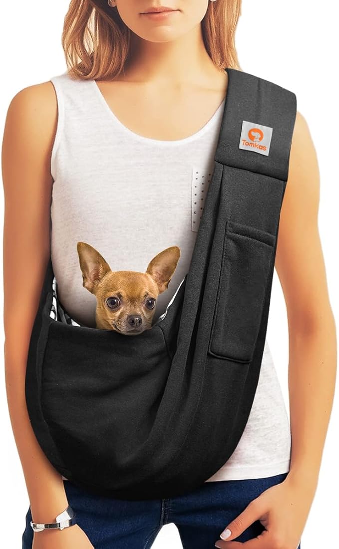 Tomkas Small Dog Sling Carrier - Classic Strap & Classic Pocket - for 2-7 lbs Pets(Black)