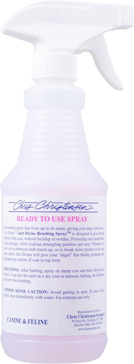 Chris Christensen Just Divine Dog Brushing Spray, Groom Like a Professional, Prevents Brushing Damage, Light Detangler, Ready to Use, All Coat Types, Made in USA, 16oz