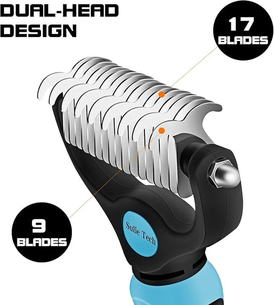 Pet Grooming Brush, Dematting Undercoat Rake Comb, Double Sided Shedding, to Remove Mats, Knots and Tangles Gently (Blue)