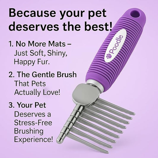 Poodle Dematting Fur Rake Comb Brush for Dogs and Cats - Long 2.5" Steel Safety Blades Metal Comb for Detangling Matted or Knotted Undercoat Hair