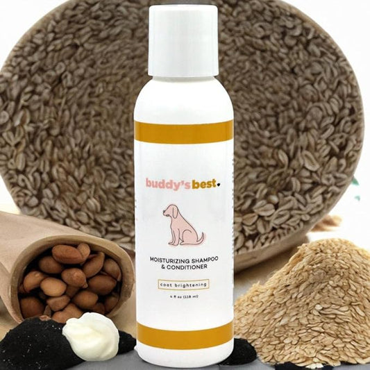 Buddy’s Best 4oz Travel-Size Dog Shampoo and Conditioner with Shea Butter, Oatmeal, Biotin, and Aloe Vera, Alcohol-Free Deep Moisturizer for Dry, Itchy Skin and Coats (Coat Brightening)