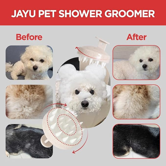 JAYU PET Shower Groomer - Grooming Pet Shampoo Brush, Cat Dog Hypoallergenic Bath and Massage Brush, Soft Silicone Bristles Scrubber for Puppy & Kitten, Easy Grip & Bubble Maker Comb (0.18 lb)