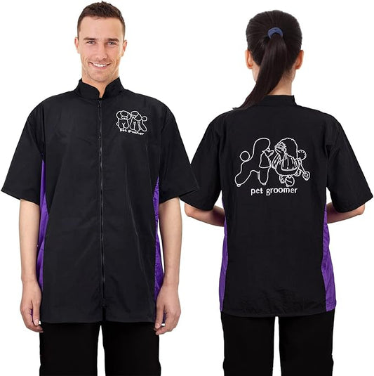 Noverlife Short Sleeves Pet Grooming Workwear With Full Zipper, 3XL Size, Anti-Static Beautician Smock, Lightweight Groomer Cosmetologist Uniforms Style Dog Cat Jacket for Men Women