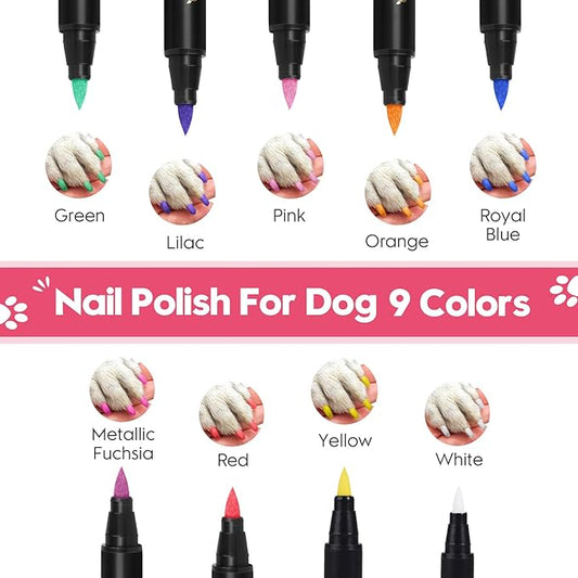 Dog Nail Polish Pens Quick Dry - 9 Colors Pet Nail Polish Set for Dogs, Safe Easy Application Fast Dry Girl Doggy - Great Puppy Nail Pawlish Set