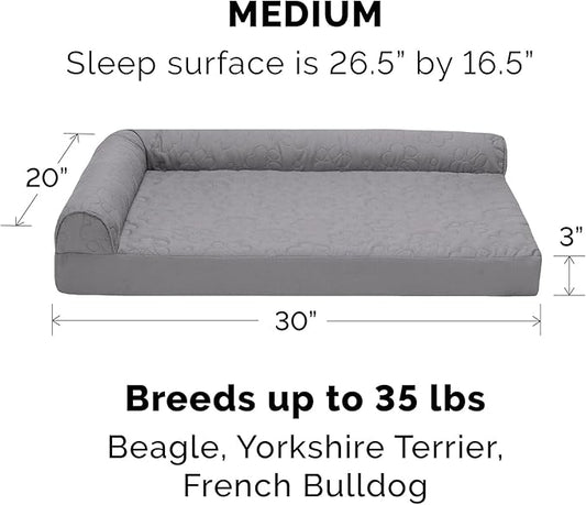 Furhaven Memory Foam Dog Bed for Medium/Small Dogs w/ Removable Bolsters & Washable Cover, For Dogs Up to 35 lbs - Pinsonic Quilted Paw L Shaped Chaise - Titanium, Medium