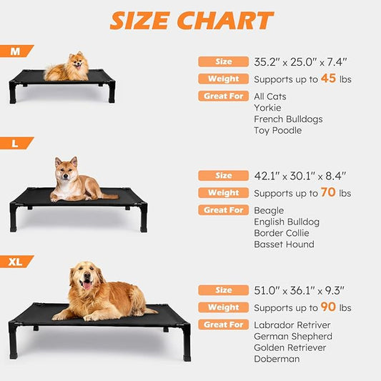 Cooling Elevated Dog Bed, Raised Dog Bed with Washable Breathable Mesh and Metal Frame, Portable Dog Cot Bed with No-Slip Feet for Outdoor and Indoor Use