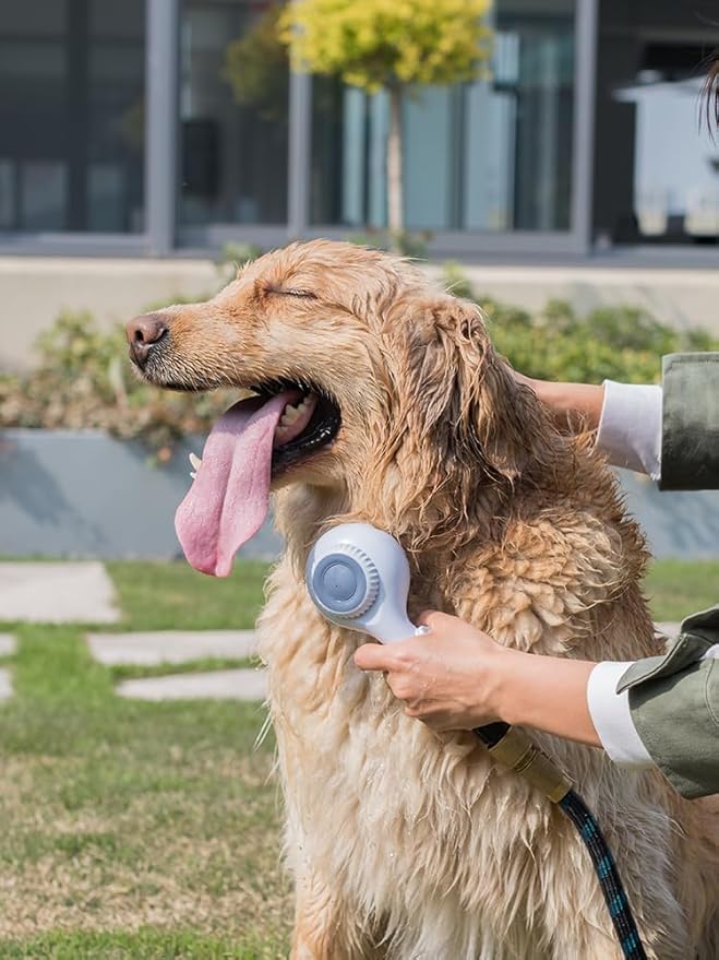 Dog Shower Head with Brush โ 3-in-1 Pet Grooming Tool with Shampoo Dispenser & Stainless Steel Hose โ Indoor/Outdoor Use โ Compatible with ยผโ Faucet & ยพโ Hose Adapter