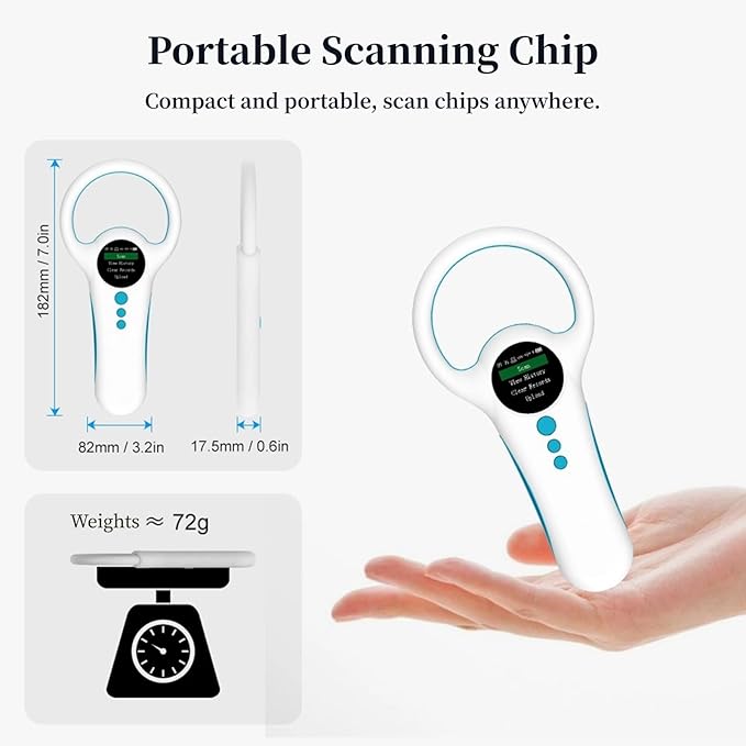 Pet Microchip Scanner, Rechargeable RFID EMID Micro Chip Reader Scanner, 2.4GHz Bluetooth USB, 1.44 TFT Screen Display ISO11784 / 11785 / FDX B EMID for Animal Pet Dog Cat
