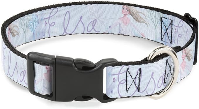 Disney Pet Collar, Dog Collar Plastic Buckle, Frozen Elsa Snowflake Pose with Trees and Script Blues, 7 to 8.5 Inches 0.5 Inch Wide