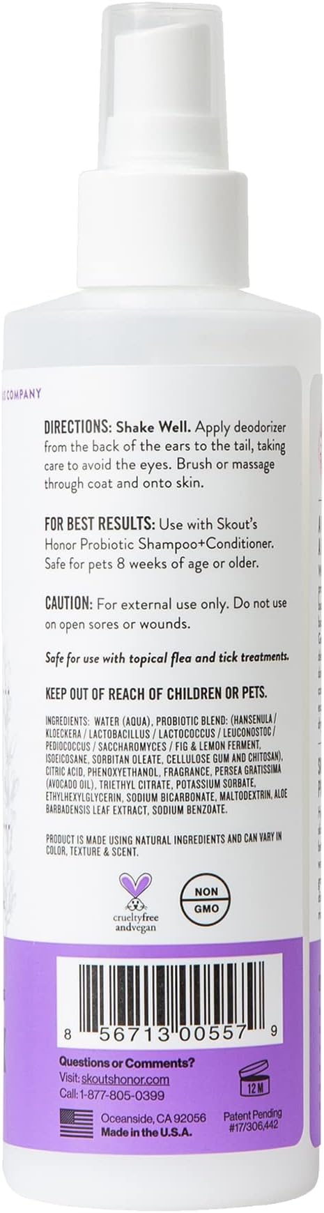 Skout's Honor Pet Deodorizer Spray- Hydrating Daily-Use with Avocado Oil & Omega-3s, Paraben & Sulfate-Free, 97% Natural, 8oz, Lavender