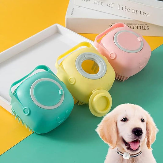 Dog Brush – Cat Brush – Shampoo Dispensing Scrubber – Soft Silicone Design – Hanging Loop – For All Skin Types – Grooming, Deshedding and Exfoliating, Yellow