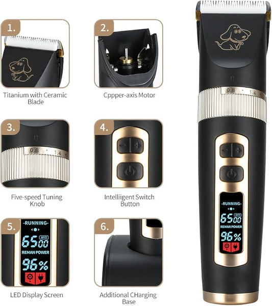 Otstar Professional Dog Grooming kit, 3 Speed Rechargeable Cordless Dog Clippers Low Noise Low Vibration, LED Screen Indicate Power/Lubricating/Cleaning