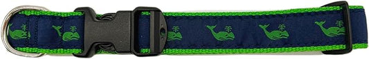 Heavy Duty Adjustable Dog Collar or Dog Leash - Ideal Dog Collars and Leashes Come in Multiple Sizes for All Pets. Preppy Green Whales on Navy (X-Small Collar, 3/4 inch Wide)