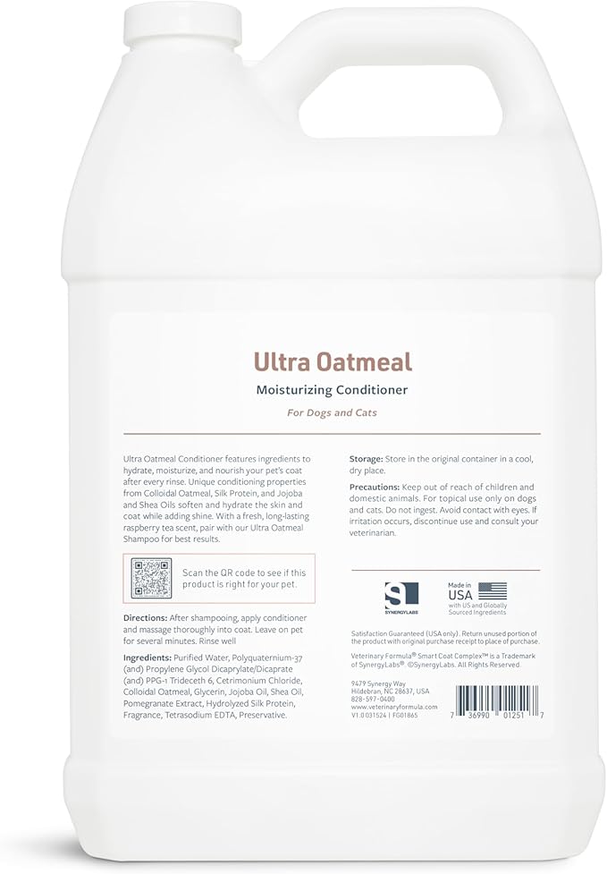 Veterinary Formula Smart Coat Complex Ultra Oatmeal Moisturizing Conditioner for Dogs, 128 Fl oz / 1 Gal – w/ Colloidal Oatmeal & Jojoba – Leaves Coat Soft, Shiny, Hydrated, Strong, Long-Lasting Scent