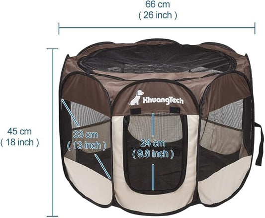 Foldable Pet Dog Playpen, Pop Up Portable Cat Playpen, Indoor/Outdoor for Kitten Puppy Play Pen, Cats Crate Cage Tent with Carrying Bag, 600D Oxford (Coffee + Beige, Small (26"x26"x18"), 8)