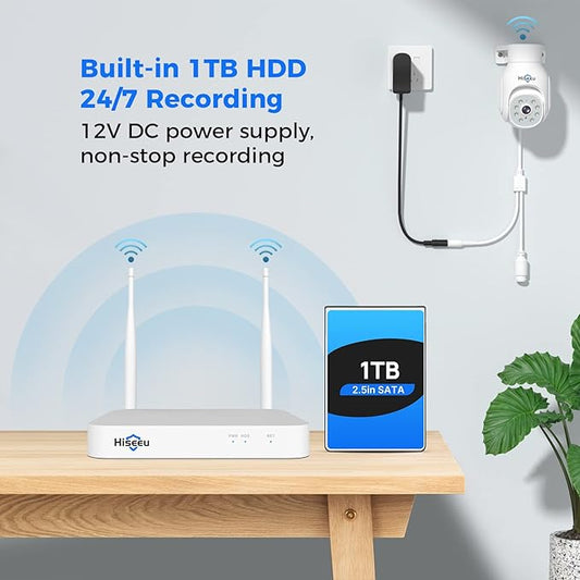 Hiseeu 5MP Wireless PTZ Security Camera System, Indoor Outdoor IP66 Waterproof WiFi Camera, 4K 10CH NVR, 2-Way Audio, Motion Detection Alarm, 24/7 Surveillance, 1TB Hard Drive (Plug-in Power Supply)
