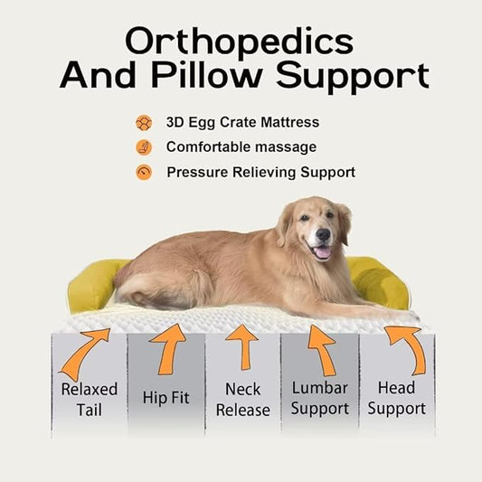 Large Dog Bed Orthopedic Washable - Couch Sofa - XL Large Big Dogs - Beds Bolster Pet - Memory Foam - Waterproof with Removable Cover - Ginger Yellow Dog Bed