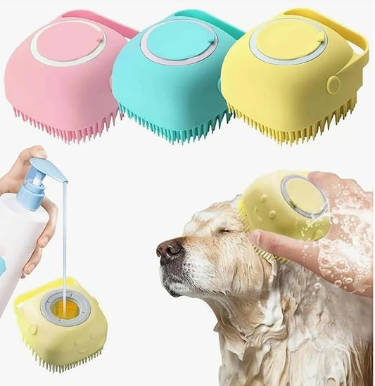 Pet Bath Brush with Soap and Shampoo Dispenser, Detangling and Massaging, Easy Clean, Small Size (Yellow)