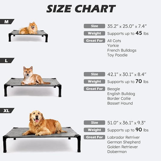 Cooling Elevated Dog Bed, Raised Dog Bed with Washable Breathable Mesh and Metal Frame, Portable Dog Cot Bed with No-Slip Feet for Outdoor and Indoor Use