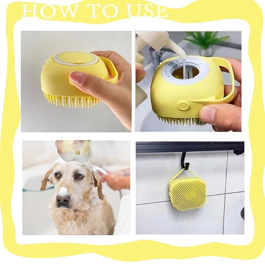 Pet Bath Scrubber Brush, Dog Grooming Massage Shampoo Bath Brush with Soap and Shampoo Dispenser Soft Silicone Bristle for Long Short Haired Dogs Cats Shower (Yellow)