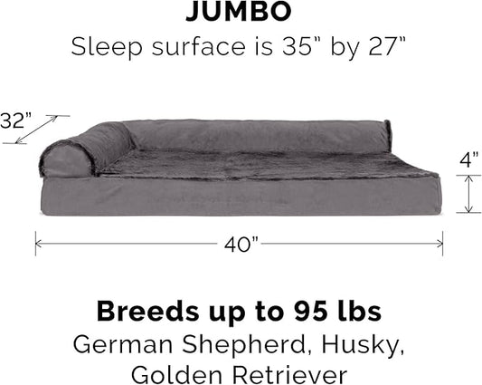Furhaven Orthopedic Dog Bed for Large Dogs w/ Removable Bolsters & Washable Cover, For Dogs Up to 95 lbs - Plush & Velvet L Shaped Chaise - Platinum Gray, Jumbo/XL