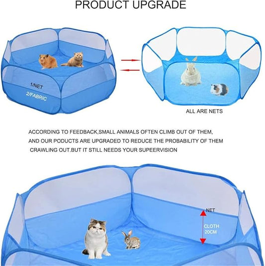 Small Animal Playpen,Portable Small Animal Cage Tent Breathable Pet Playpen Cage Tent Pop-Up Outdoor&Indoor Exercise Fence for Hamster Guinea Pig Rabbit Puppy Hedgehog (Blue no Cover)