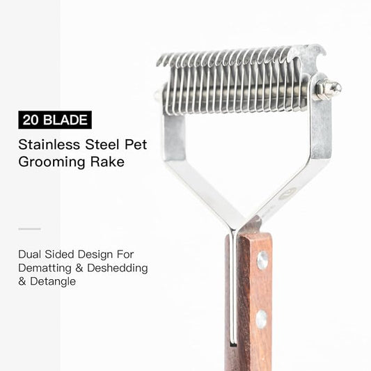 Pet Dematting Rake with 2 Sided Professional Pet Grooming Rake for Dogs and Cats 20-Blades Deshedding Detangle Thinning Undercoat Comb and Face Comb Kit with Wooden Handle